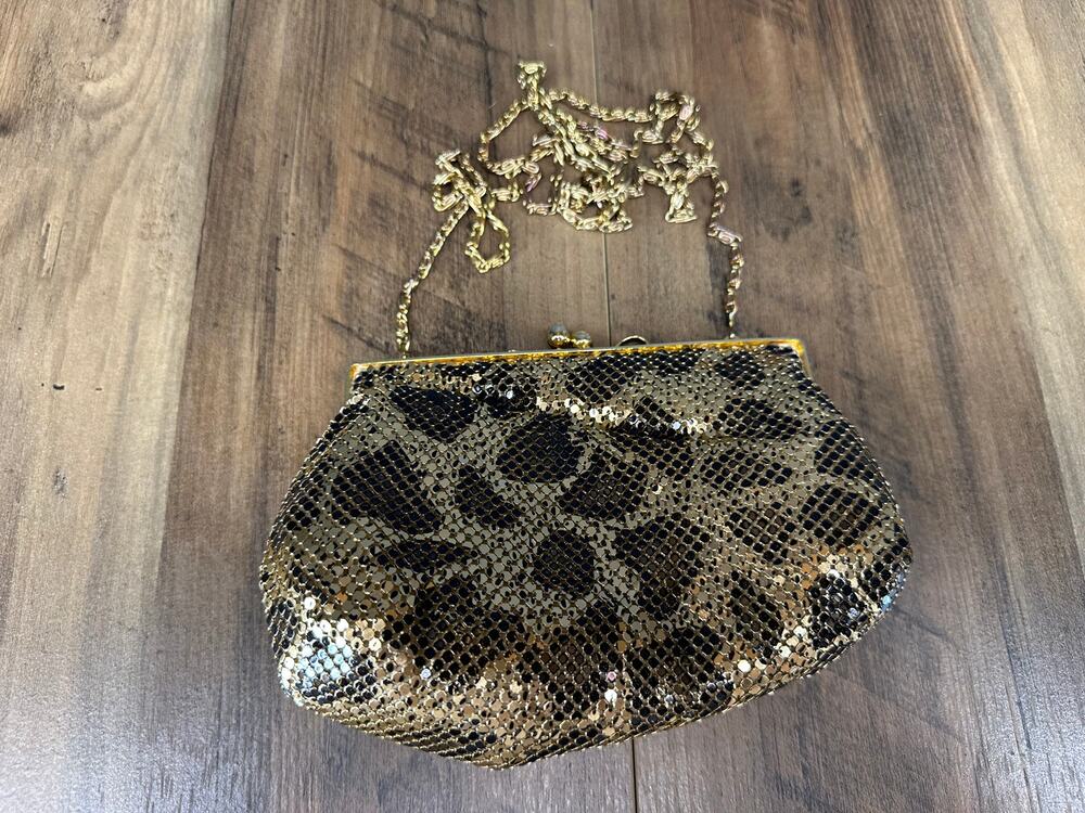 Gold Metal Mesh Leopard Evening Bag Kiss Lock Chain Purse Vintage Glam